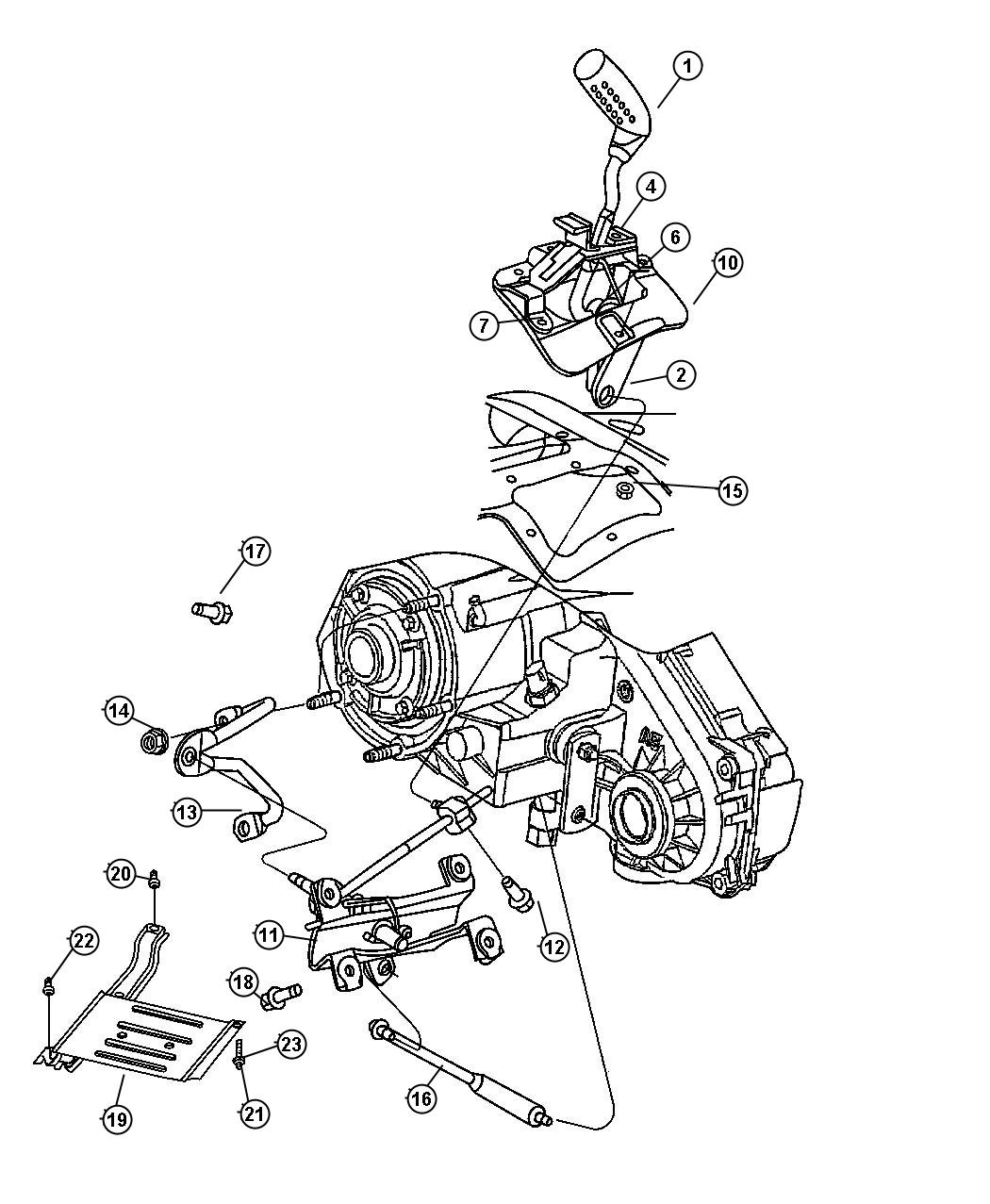 Diagram Gearshift Controls and Skid Ptate Command Trac [Command-Trac Part Time 4WD System]. for your Jeep