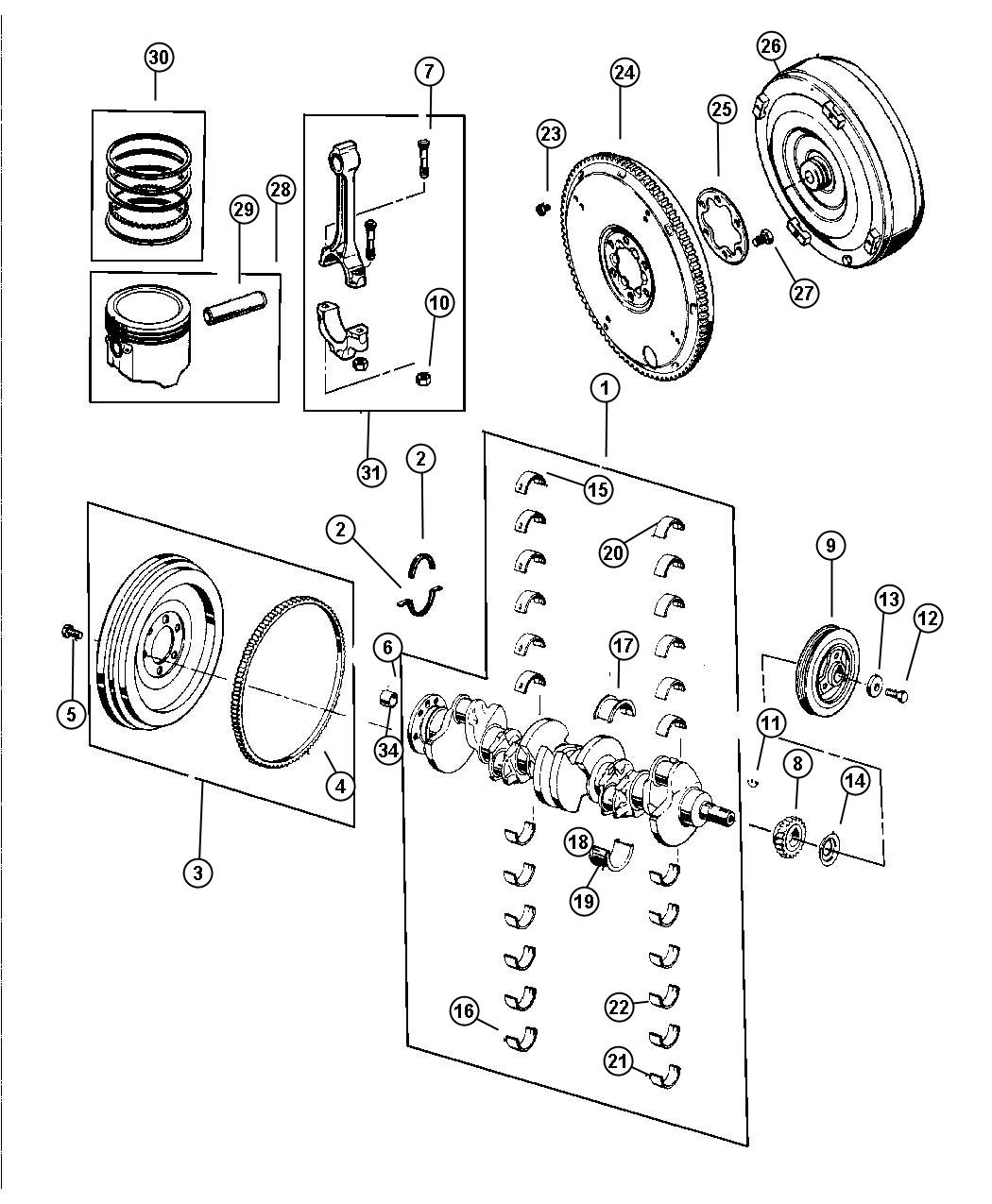 Diagram Crankshaft, Piston and Torque Converter, 4.0 (ERH). for your Jeep Wrangler  