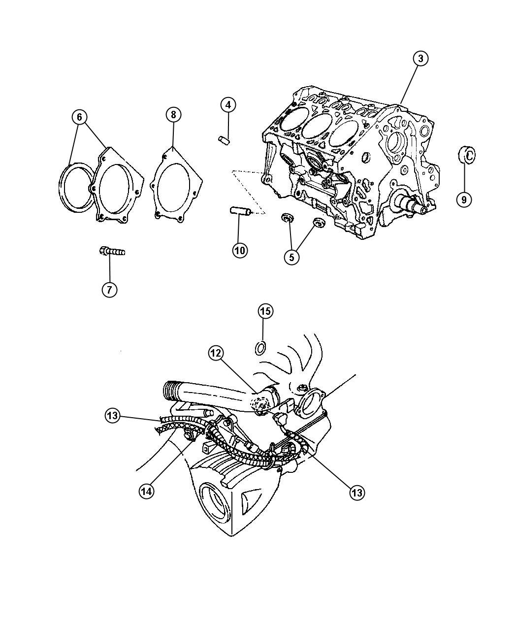 Diagram Cylinder Block 3.3L [Engine - 3.3L V6 SMPI],[3.3L V6 OHV FFV ENGINE]. for your Dodge Caravan  