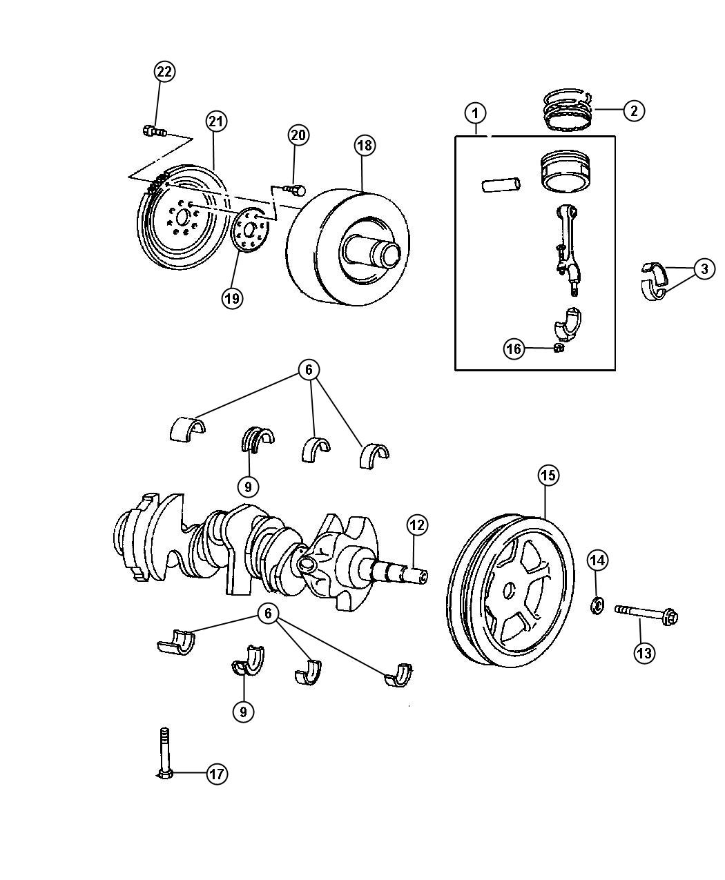 Diagram Crankshaft and Pistons 3.3L [Engine - 3.3L V6 SMPI],[3.3L V6 OHV FFV ENGINE]. for your Dodge Caravan  