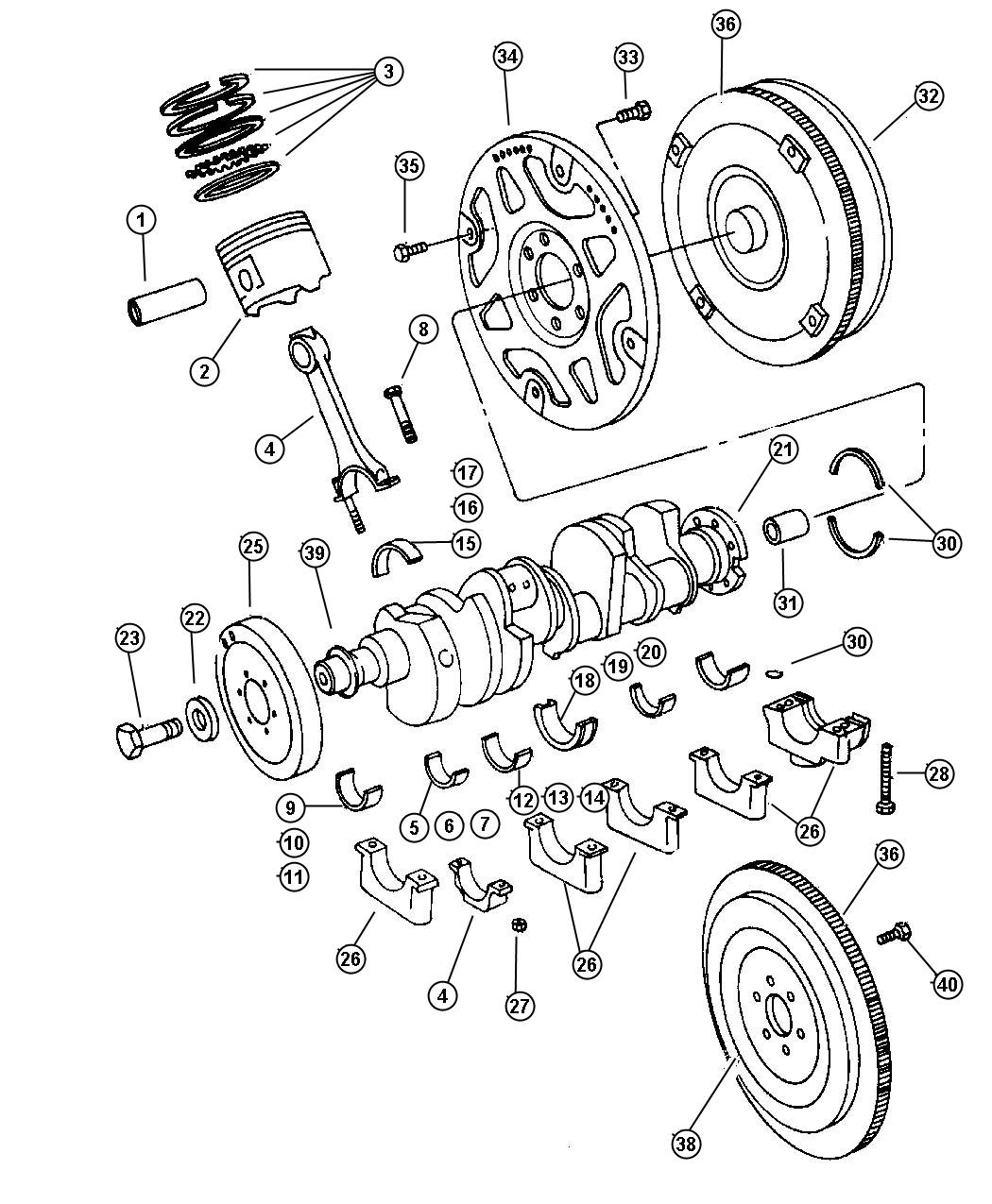 Crankshaft, Piston and Torque Converter. Diagram