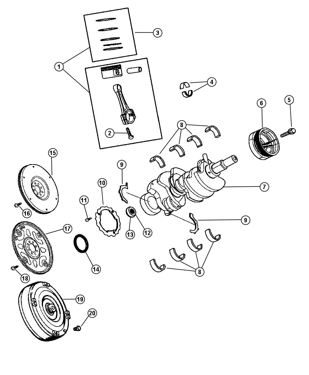 Diagram Crankshaft, Pistons and Flywheel, 3.7L [Engine - 3.7L V6]. for your Jeep