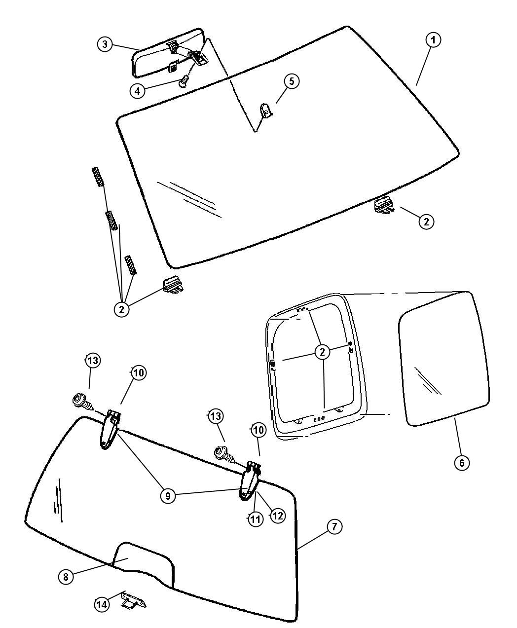 Diagram Windshield, Quarter Window, Backlite and Mirror. for your Jeep Liberty  