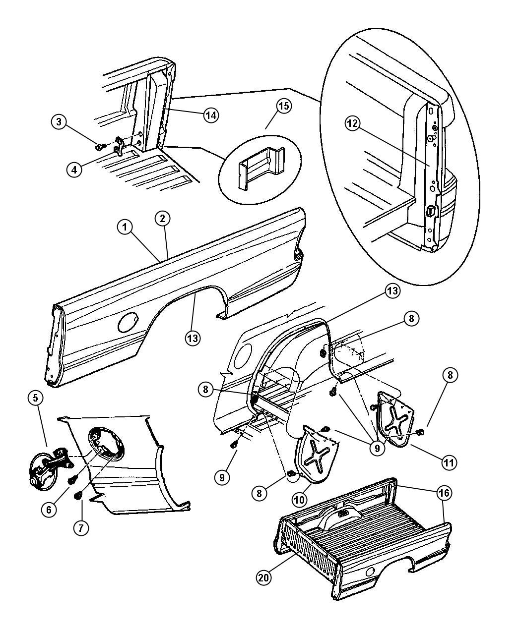 Diagram Sweptline Box, Panel Outer Box And Fuel Filler Door. for your 2004 Dodge Dakota  SLT QUAD CAB 