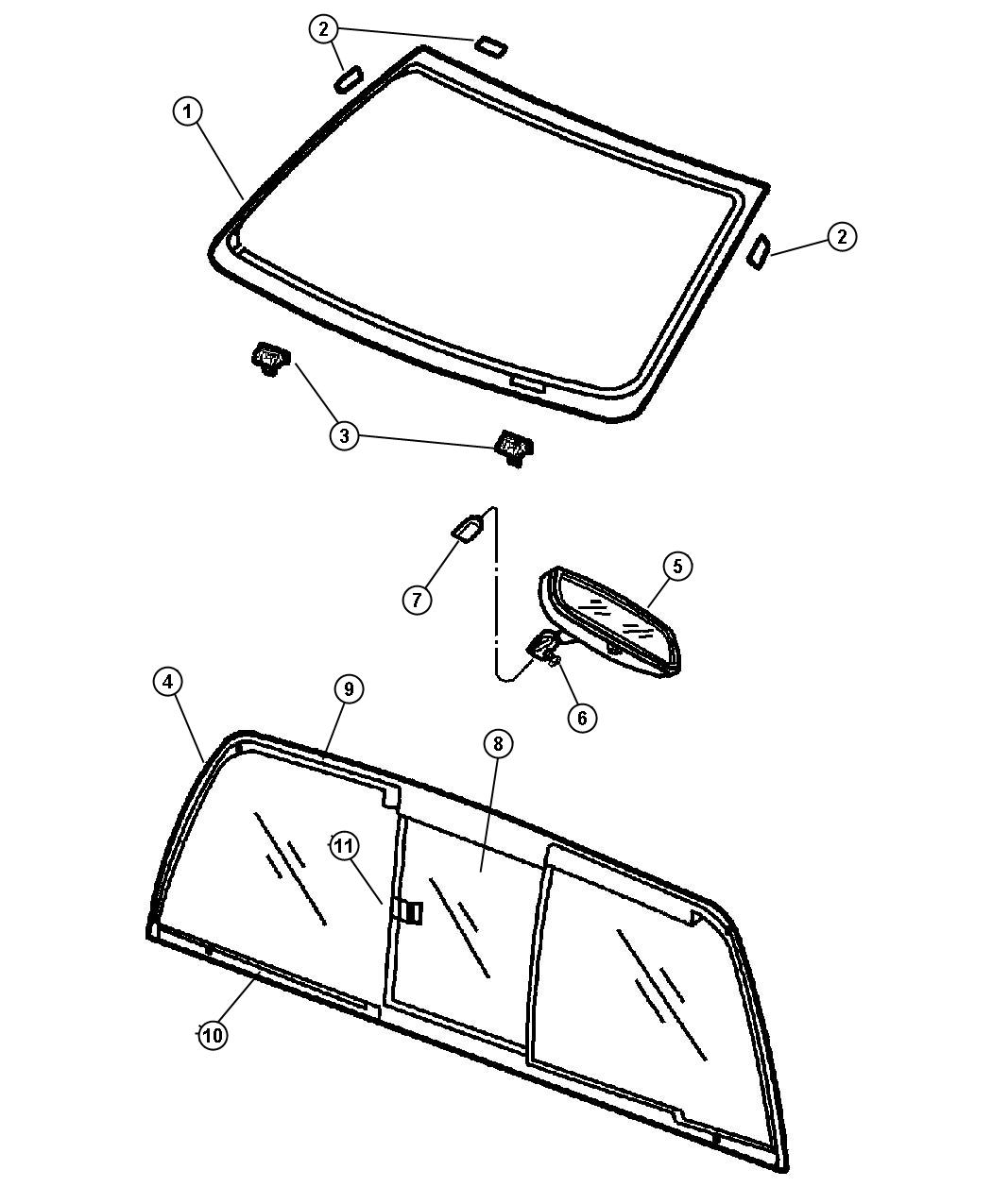 Windshield, Backlite and Inside Mirror. Diagram