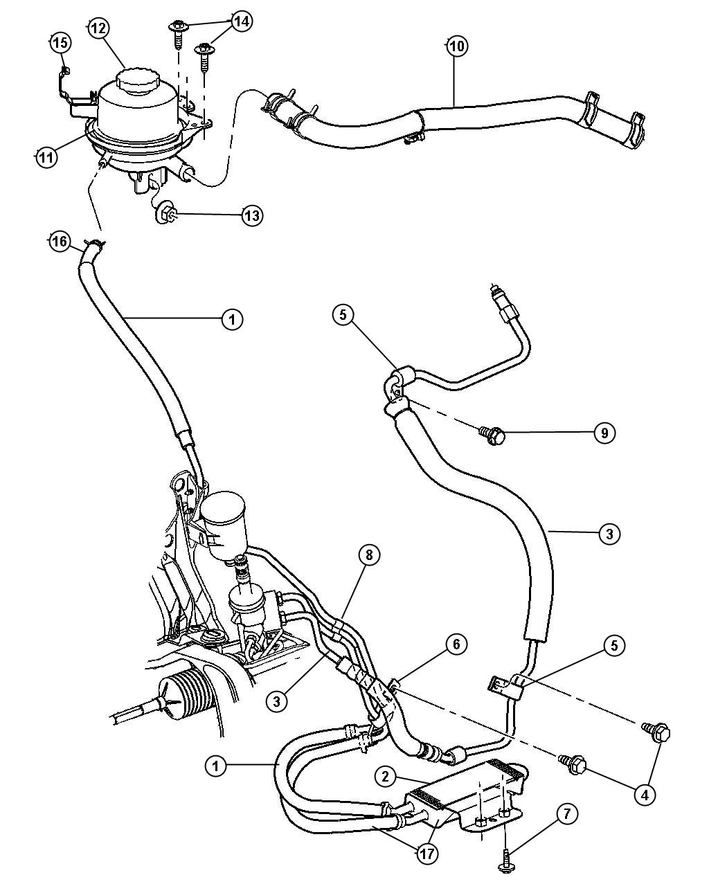 Diagram Hoses, Power Steering, 3.3L-3.8L [Engine - 3.3L V6 SMPI],[3.8L V6 OHV ENGINE]. for your Chrysler