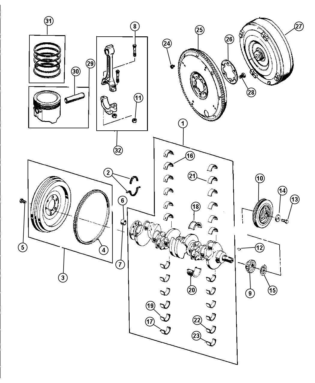 Diagram Crankshaft, Piston and Torque Converter, 4.0L (ERH). for your Jeep Wrangler  