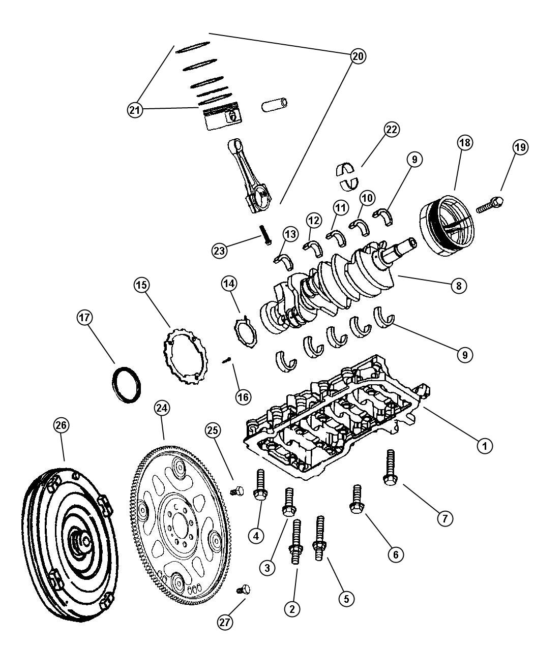 Diagram Crankshaft, Piston and Torque Conterter, 4.7 [Engine- 4.7L V8 MPI]. for your Dodge