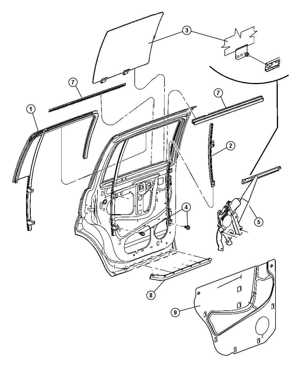 Door, Rear Glass And Regulator. Diagram