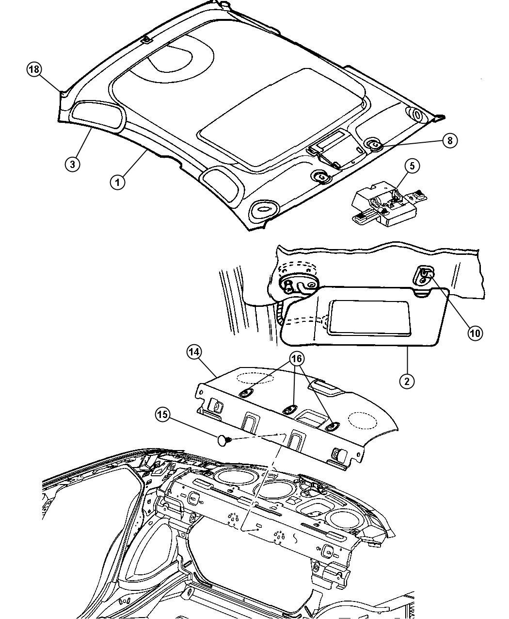 Diagram Headliner, Visors, Assist Straps. for your 2017 Dodge Challenger  R/T Scat Pack Coupe 