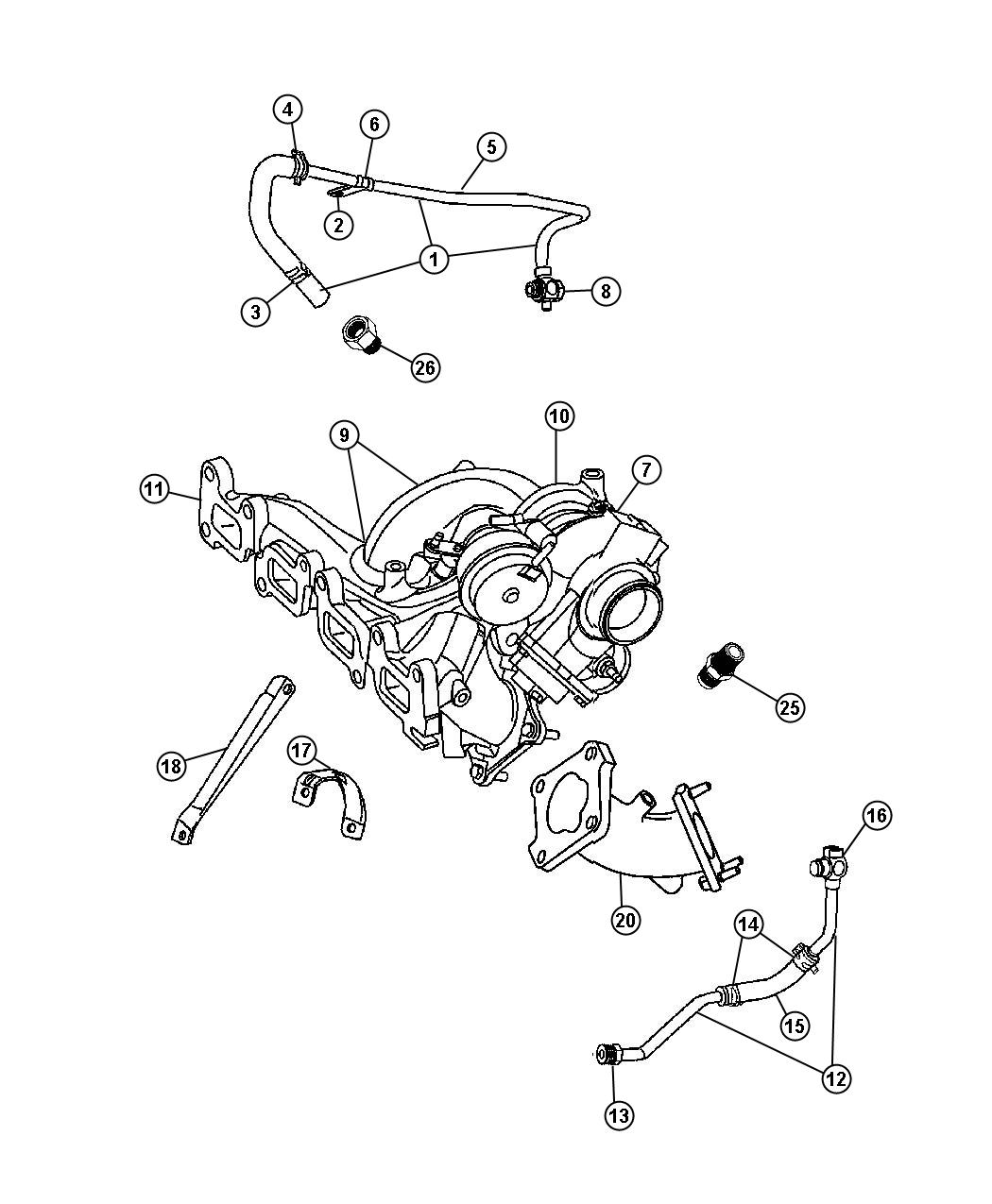 Diagram Turbocharger/Manifold [[2.4L I4 DOHC 16V HO TURBO ENGINE,Engine - 2.4L I4 DOHC 16V Turbo,Engine - 2.2L 4 Cyl Turbo Diesel]]. for your 2008 Chrysler Aspen   