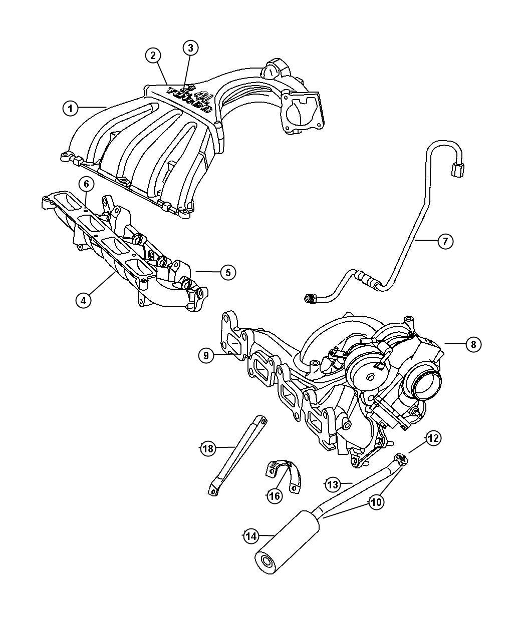 Diagram Intake and Exhaust [Engine - 2.4L I4 DOHC 16V Turbo][2.4L I4 DOHC 16V HO TURBO ENGINE]. for your Chrysler PT Cruiser  