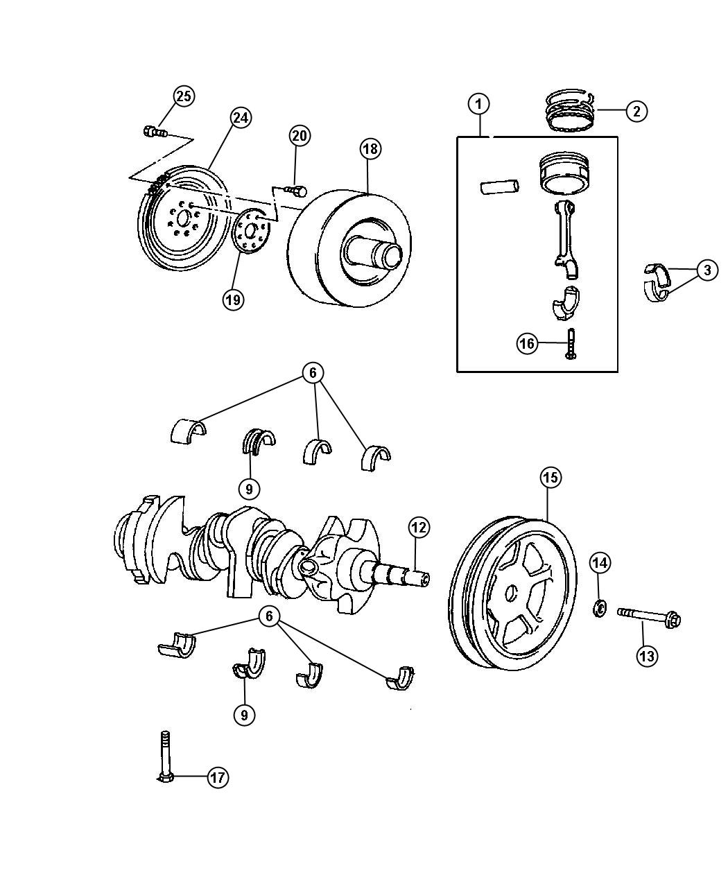 Diagram Crankshaft and Pistons 3.3L [Engine - 3.3L V6 OHV],[Engine - 3.3L V6 OHV FFV]. for your Dodge Caravan  