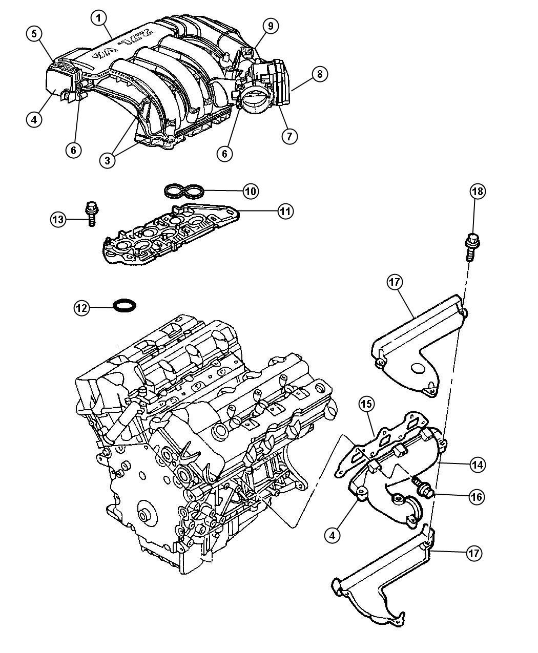 Diagram Manifolds, Intake and Exhaust 2.7L [Engine - 2.7L V6 DOHC 24 Valve MPI]. for your 2000 Chrysler 300 M  