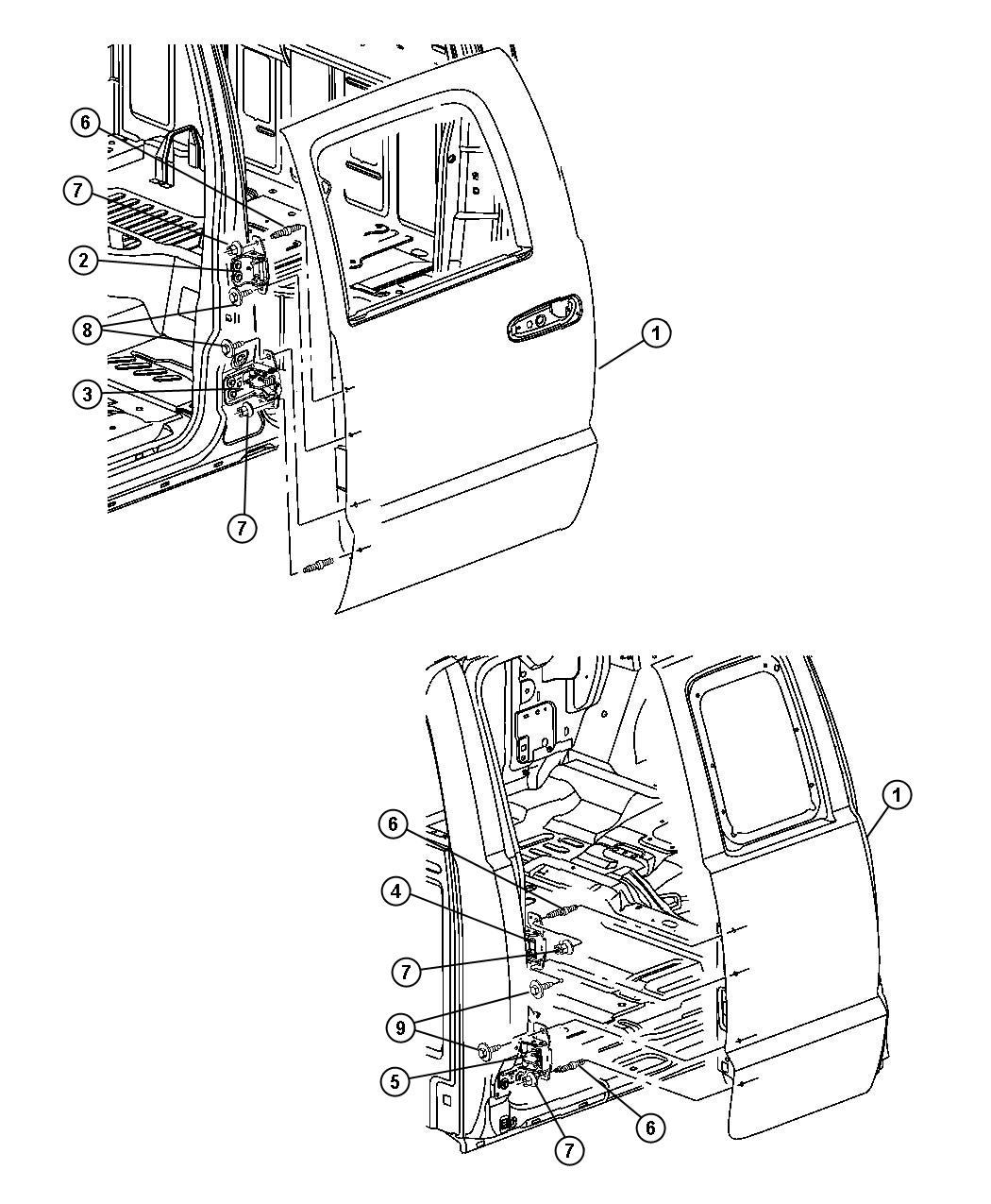 Door, Rear Shell and Hinges. Diagram