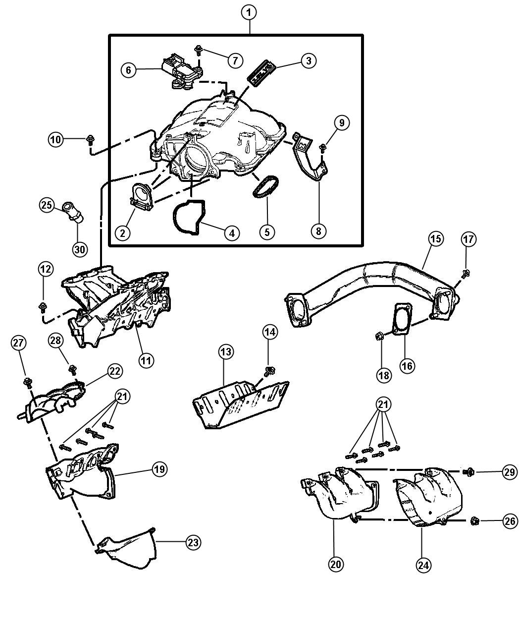 Diagram Manifolds, Intake and Exhaust 3.8L [3.8L V6 OHV ENGINE]. for your Chrysler