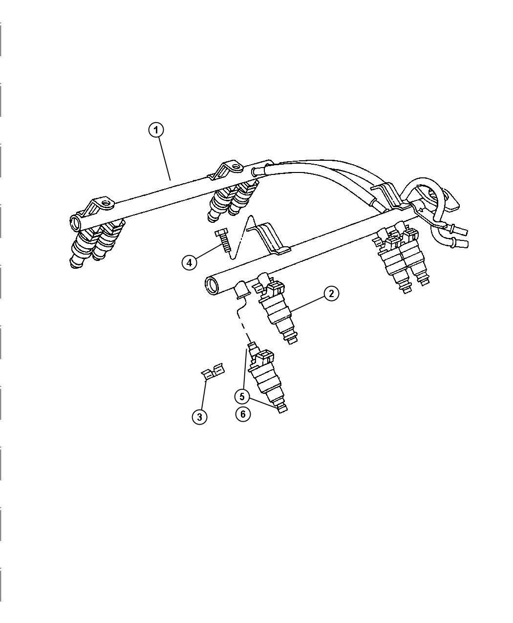 Fuel Rail, 3.7L [Engine - 3.7L V6], 4.7L [Engines - All 4.7L Gas], 5.7L [Engine - 5.7L SMPI V8] 8.3 [Engine - 8.3L V10 SFI]. Diagram