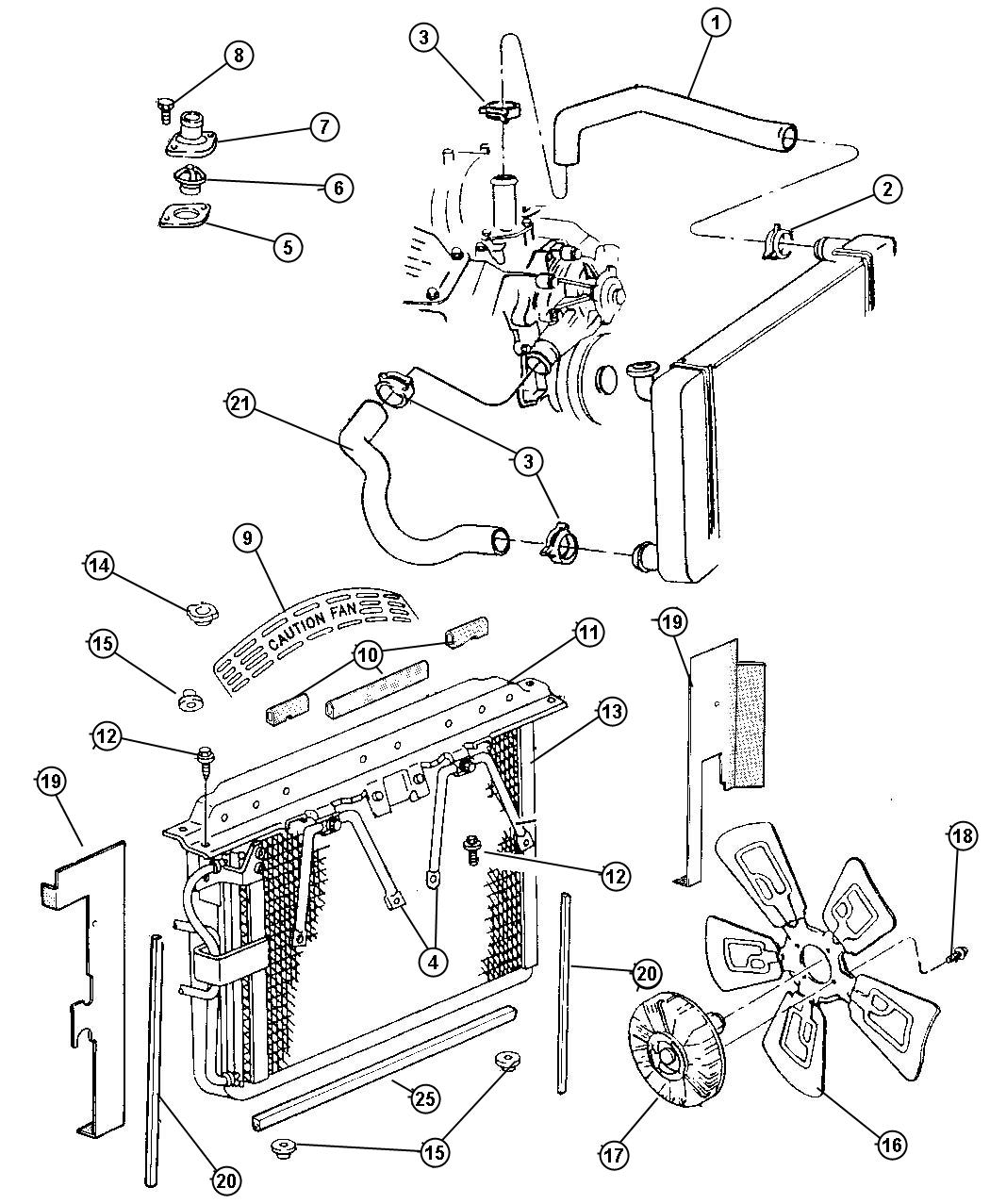 Diagram Radiator and Related Parts 5.2L and 5.9L Engine. for your Jeep