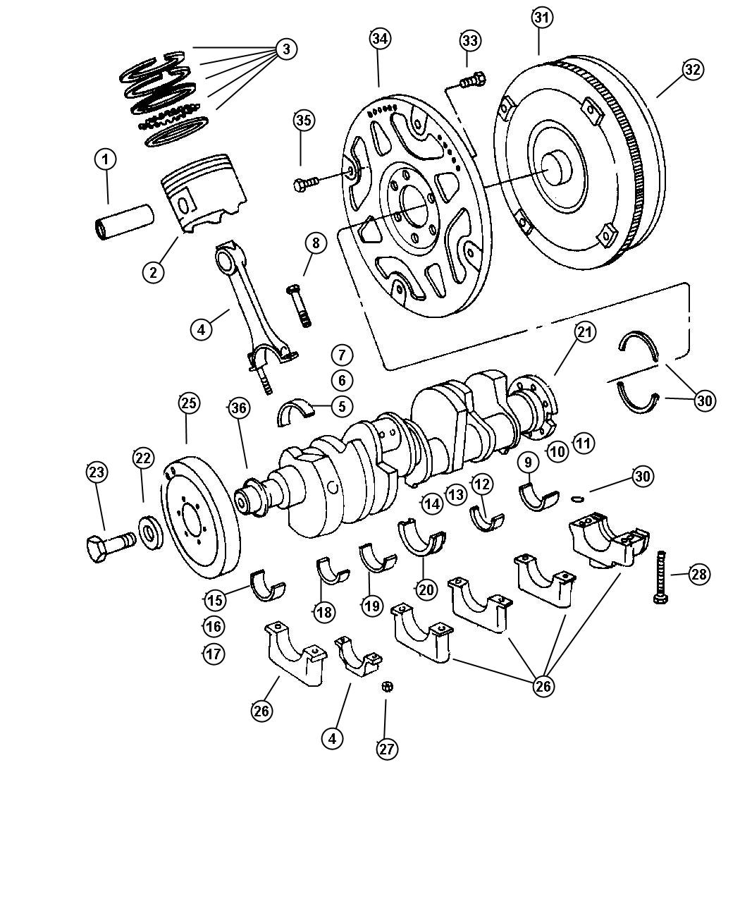 Crankshaft, Piston and Torque Converter. Diagram