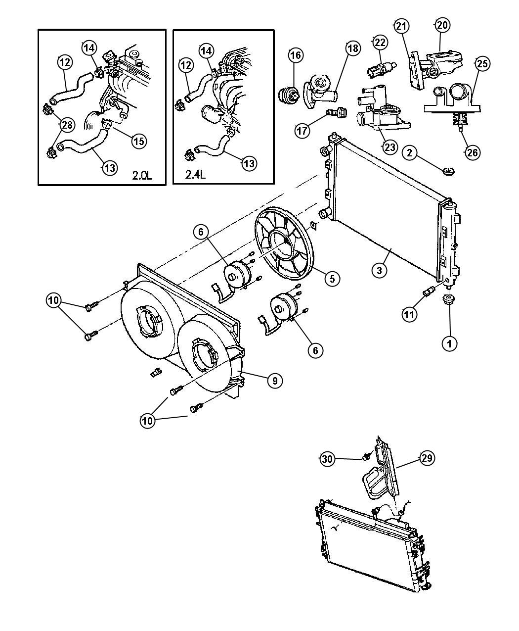 Diagram Radiator and Related Parts [[Engine - 2.0L 4 Cyl DOHC 16V SMPI,Engine - 2.4L 4 Cyl DOHC 16V SMPI,2.7L V6 DOHC 24 VALVE MPI ENGINE,2.7L V6 DOHC 24 VALVE FFV ENGINE]]. for your Chrysler 300  M