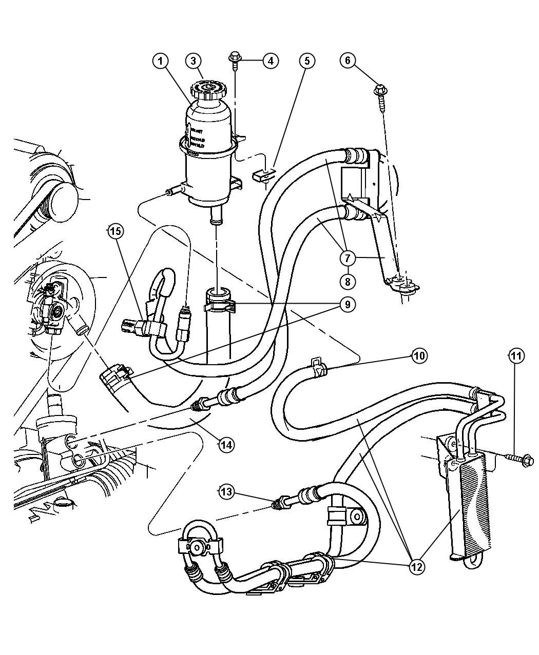 Hoses and Reservoir, [[Headlamp Off Time Delay, 2.4L Engines - All 2.2,2.5,2.4L 4 Cyl Gas 2.8L Engines - ALL 4/5 CYL Turbo Diesel]]. Diagram