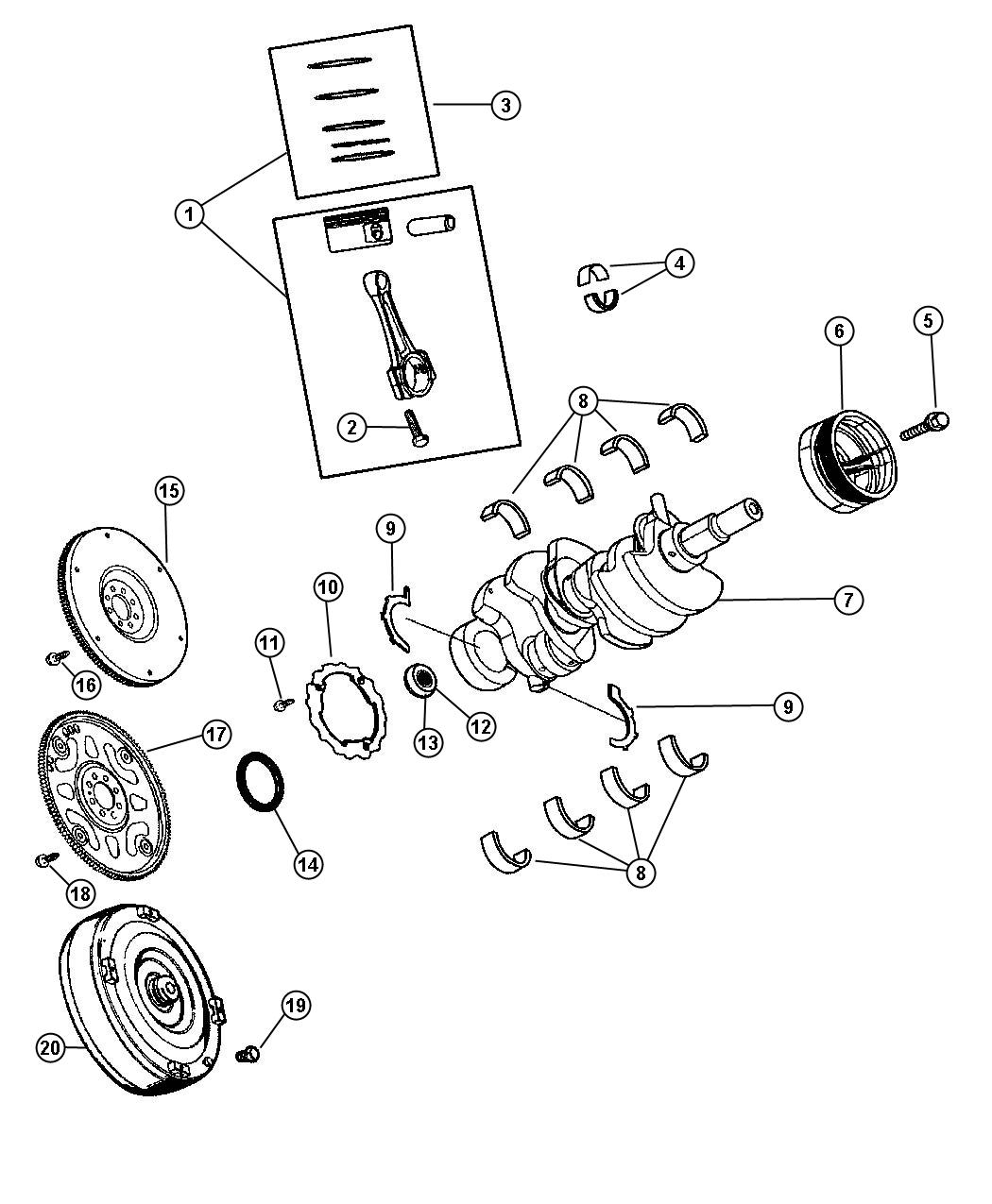 Diagram Crankshaft, Pistons and Flywheel, 3.7L [Engine - 3.7L V6]. for your Jeep