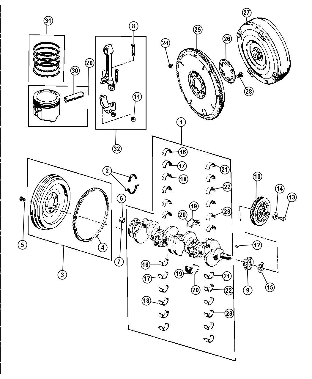 Diagram Crankshaft, Piston and Torque Converter, 4.0L (ERH). for your Jeep Wrangler  