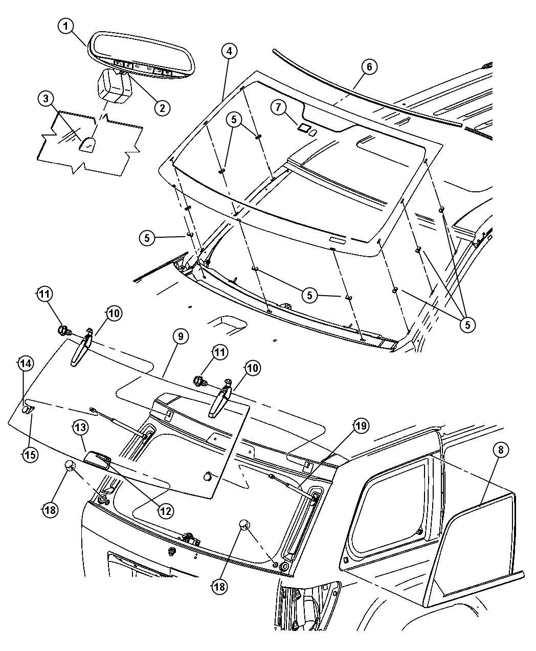 Diagram Glass, Windshield, Backlite, Quarter Window, Rear View Mirror. for your Jeep