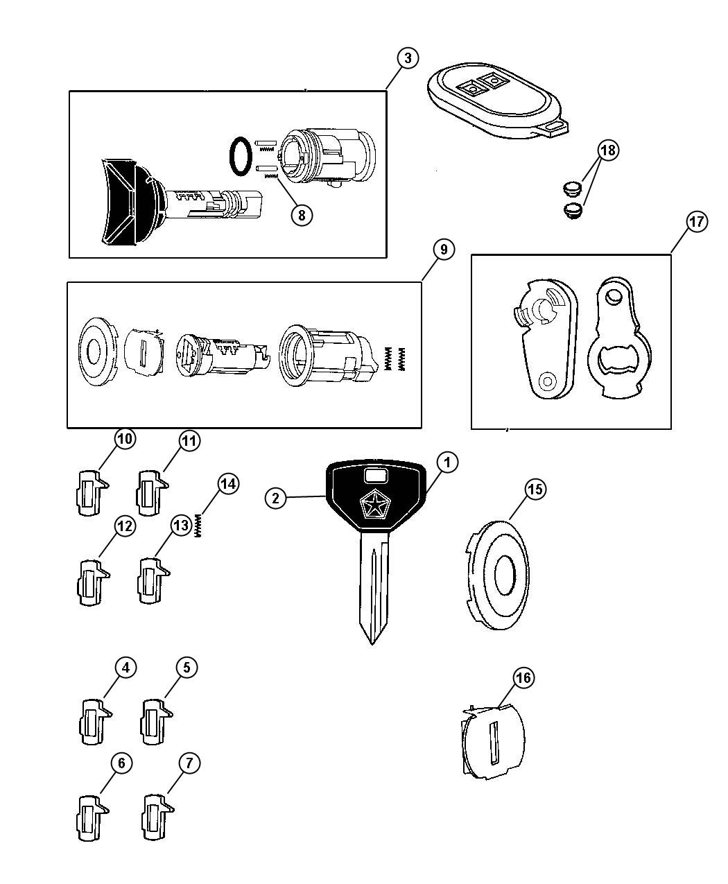 Diagram Lock Cylinders and Components. for your Dodge Ram 1500  