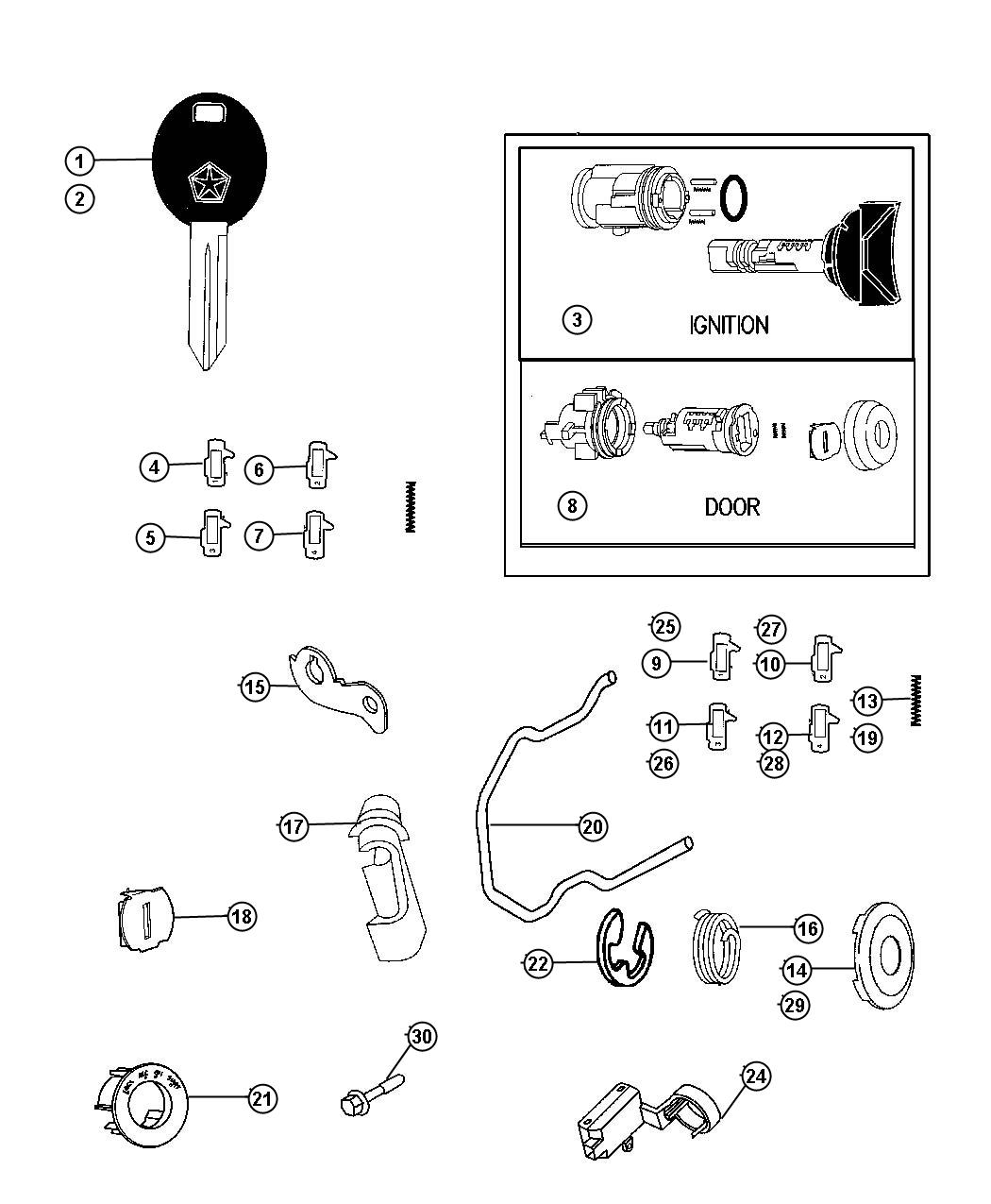 Diagram Lock Cylinders, Keys and Repair Components. for your 2016 Jeep Grand Cherokee   