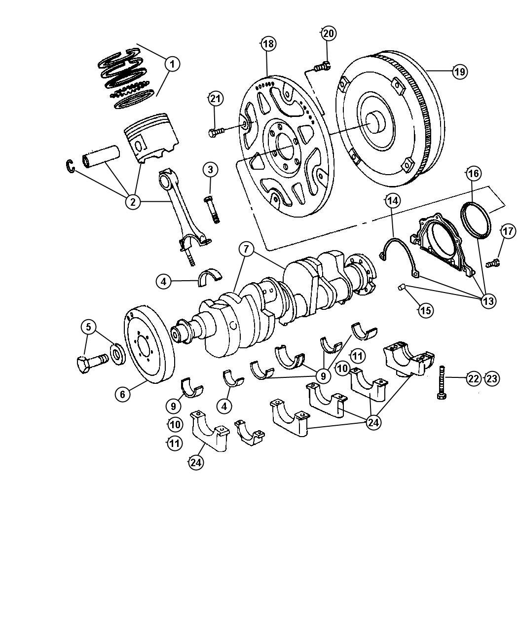 Diagram Crankshaft, Pistons and Torque Converter 6.1L [6.1L SRT HEMI SMPI V8 Engine]. for your Jeep