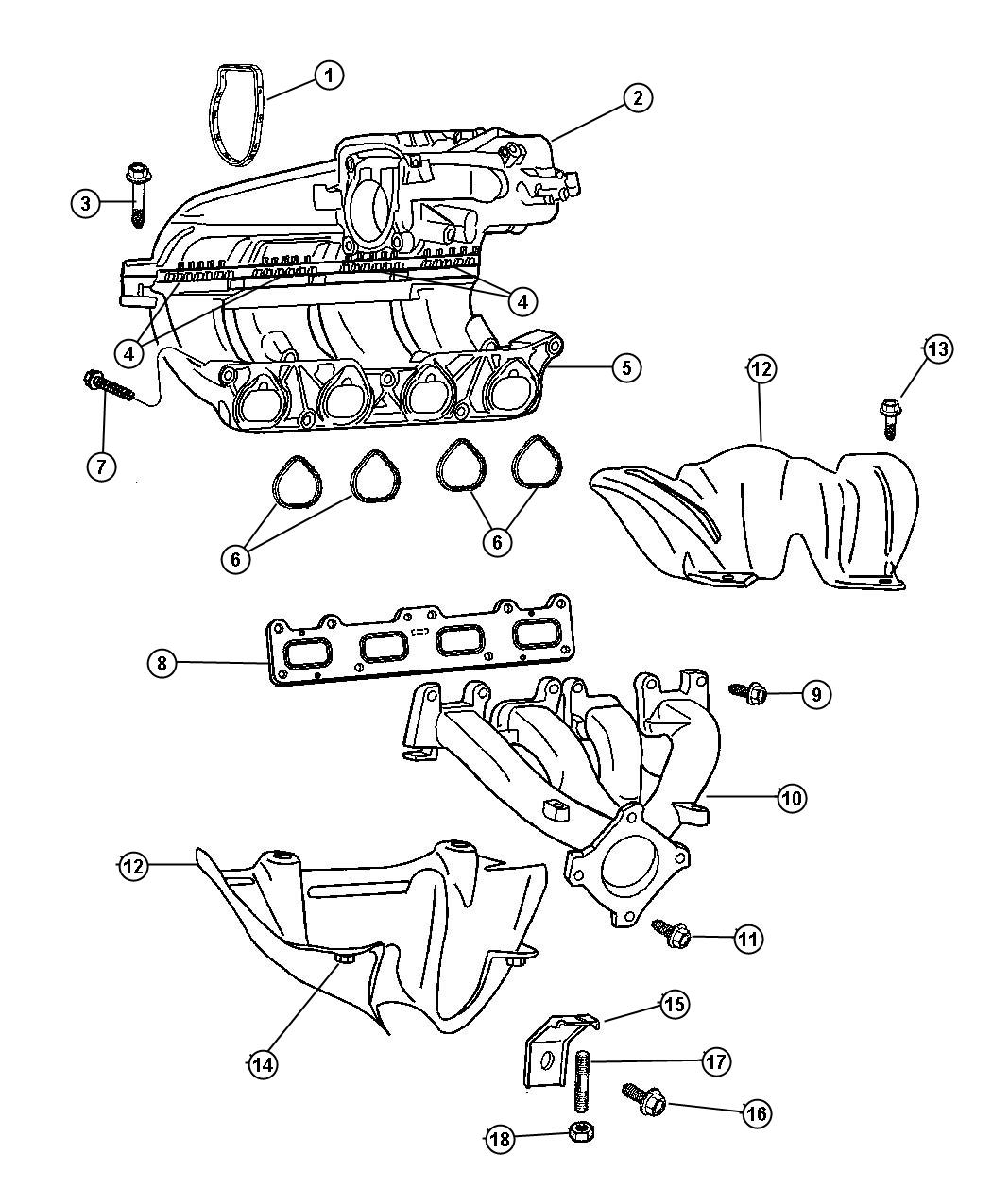 Diagram Manifolds, Intake and Exhaust [2.4L I4 DOHC 16V SMPI ENGINE]. for your Chrysler PT Cruiser  