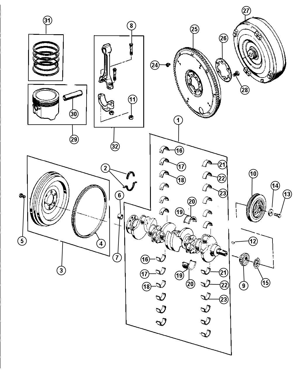 Diagram Crankshaft, Piston and Torque Converter, 4.0L (ERH). for your Jeep Wrangler  