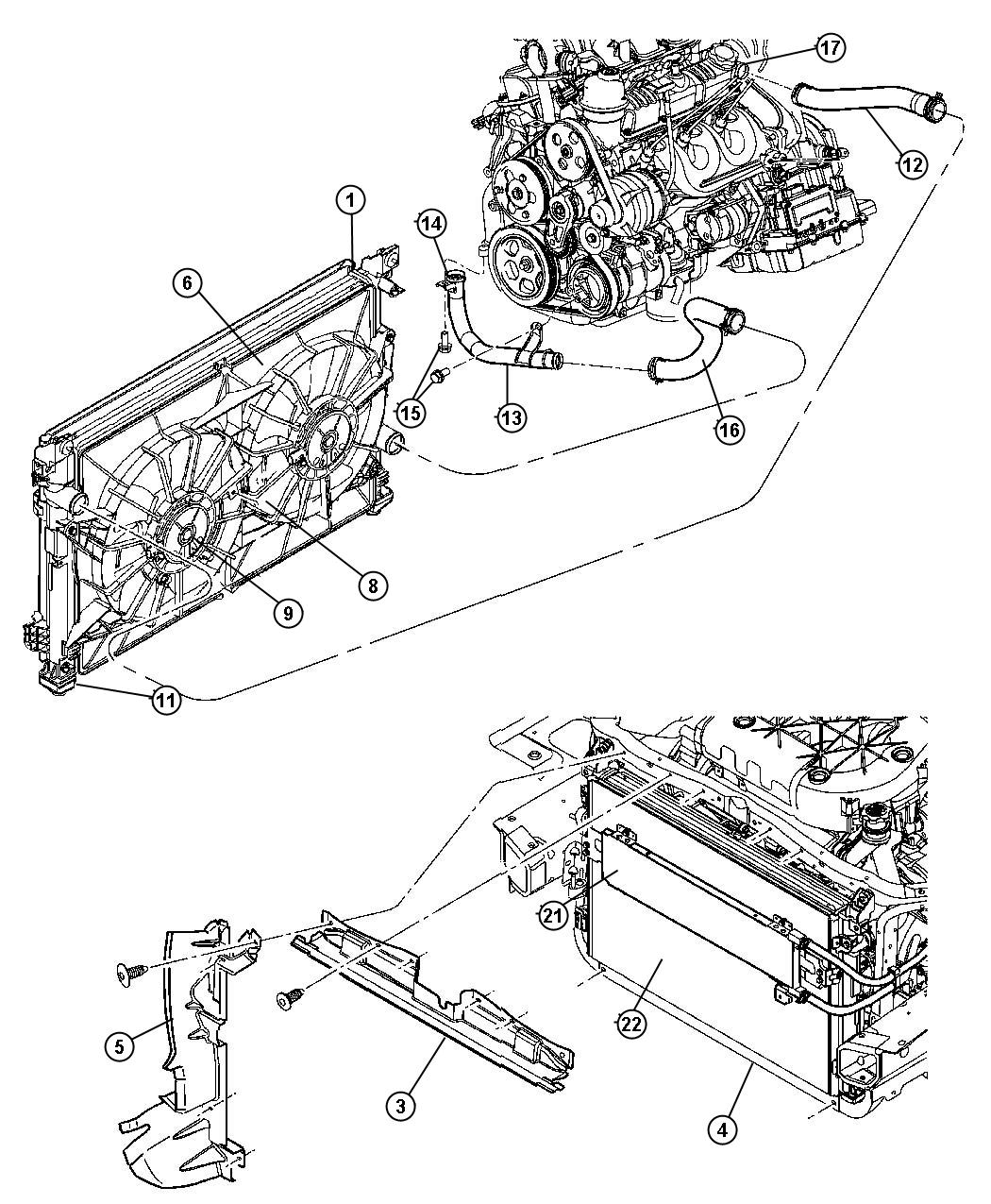 Diagram Radiator and Related Parts - 3.8L Engine. for your 2001 Chrysler 300  M 