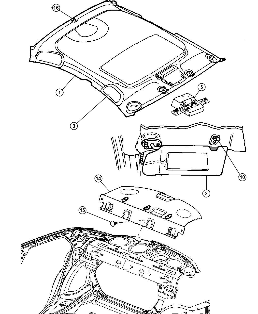 Diagram Headliner, Visors, Assist Straps. for your 2005 Dodge Neon   