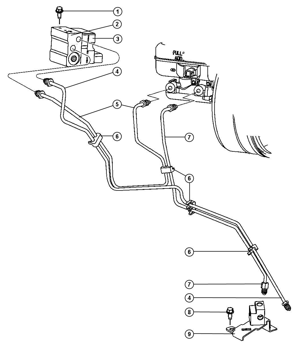 Diagram Lines,Brake,From RWAL II [Pwr Disc/Drum Rr Anti-Lock Brakes] to Frame. for your 2005 Dodge Dakota   