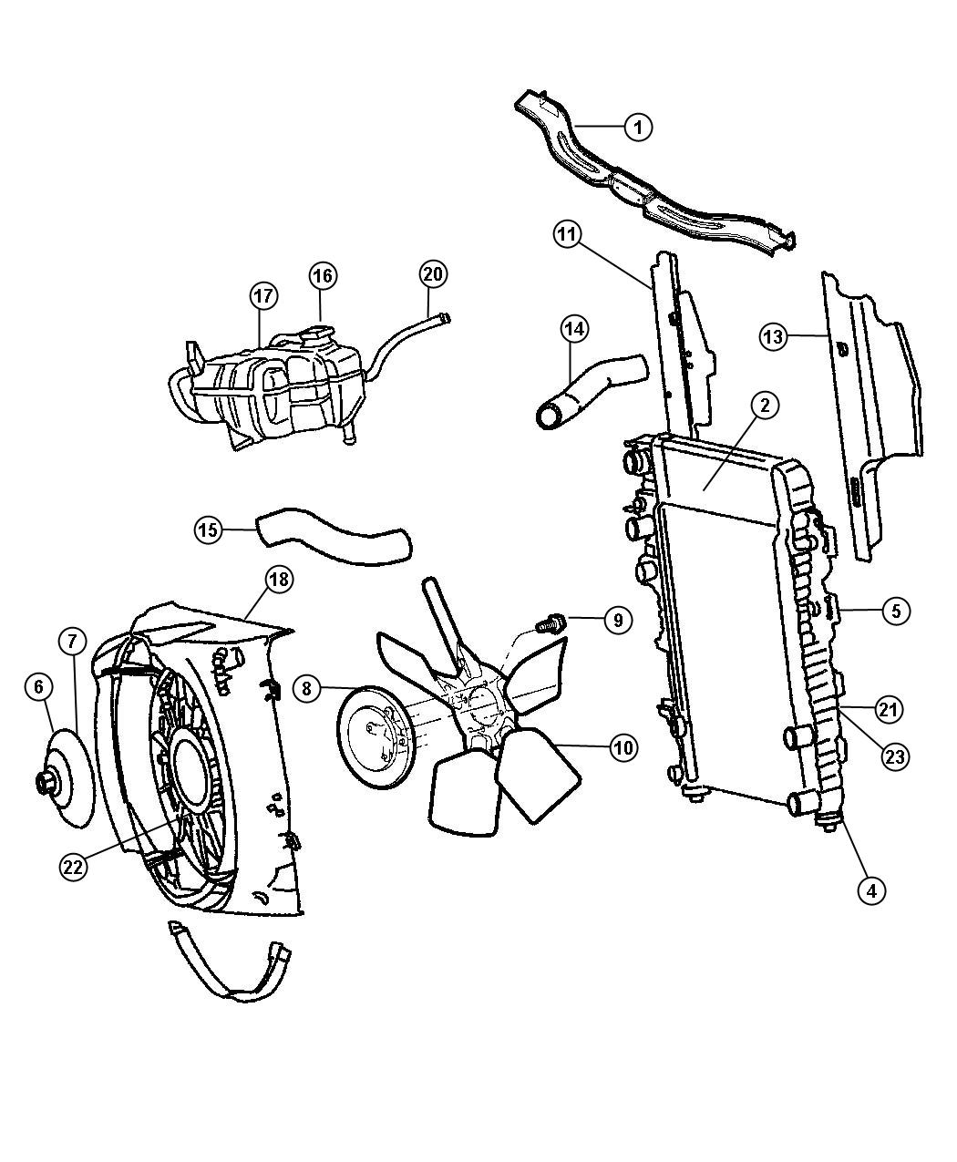 Diagram Radiator and Related Parts, 3.7L Engine. for your 2005 Jeep Liberty   