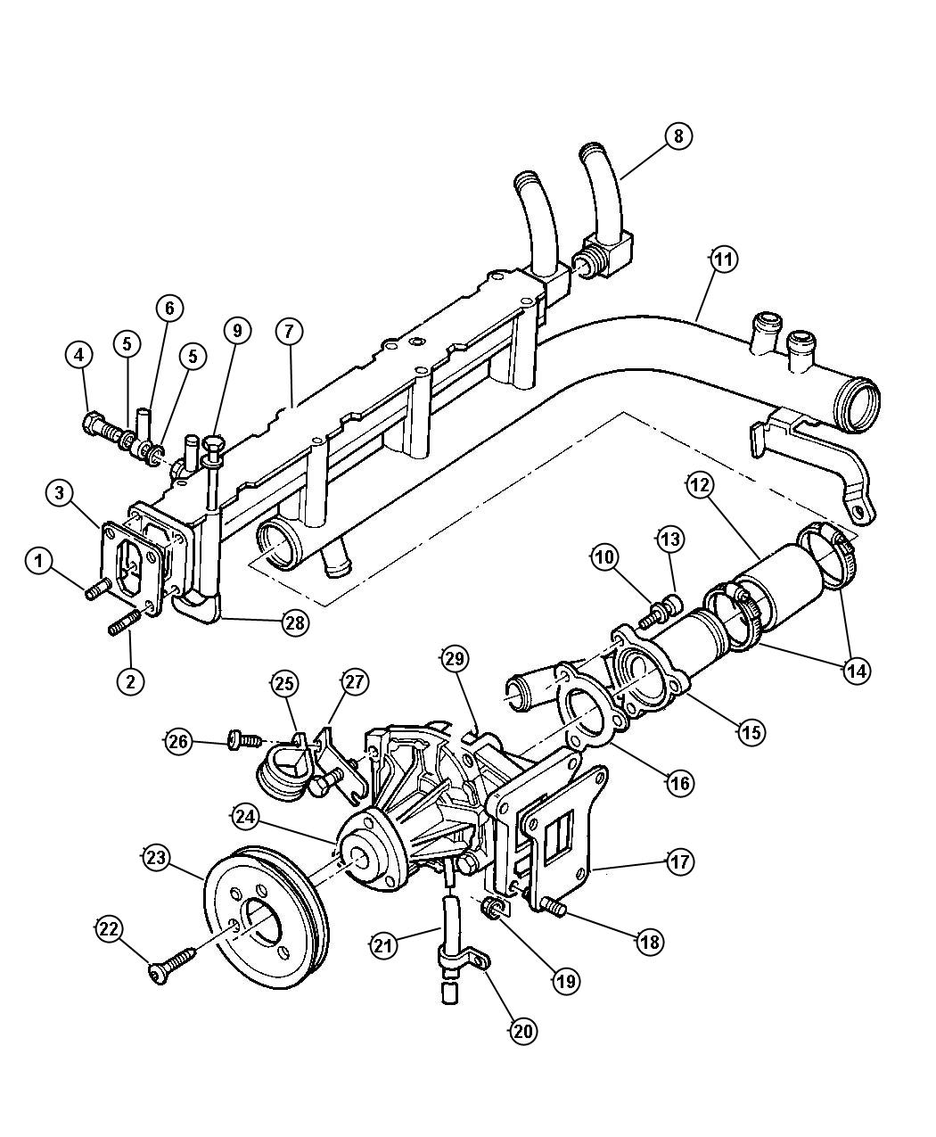 Diagram Water Pump and Related Parts, 2.5L Diesel Engine. for your Dodge Ram 1500  