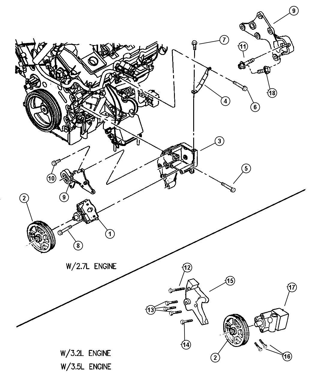 Full size assembly image of Pump, Assys. And Attaching Parts 2.7, 3.2, 3.5L Engines. (1/1)