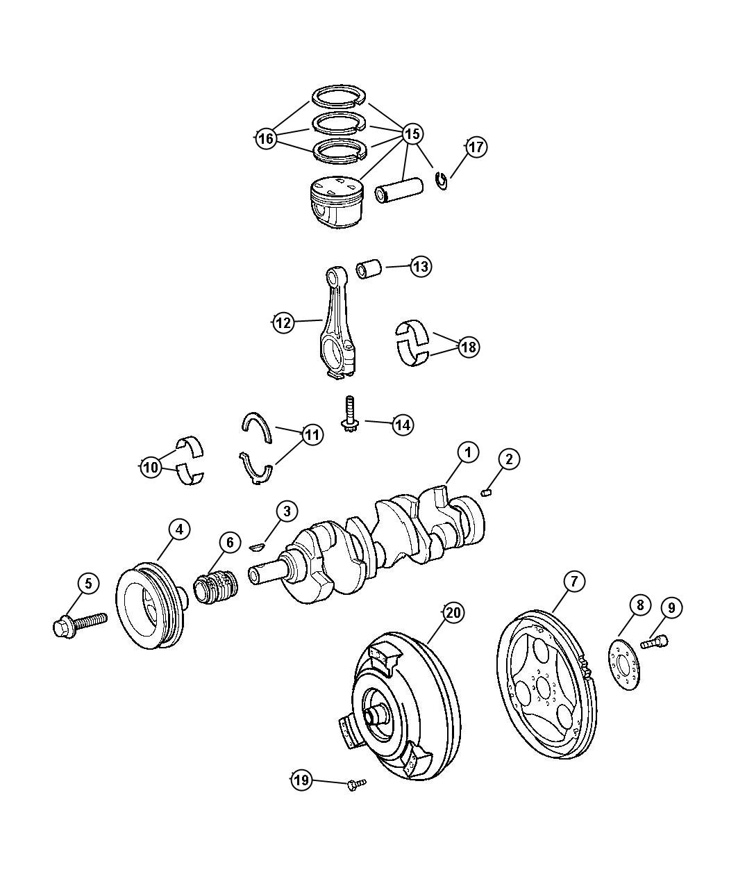 Diagram Crankshaft, Pistons and Bearings. for your 2010 Chrysler Town & Country   