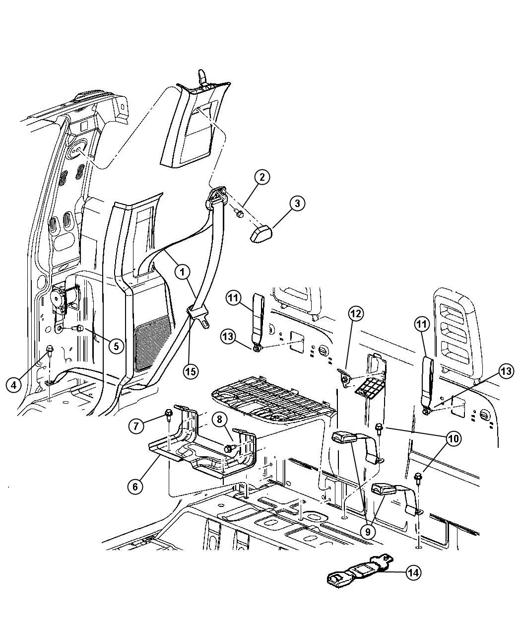 Diagram Belts, Rear Seat and Tethers, Club Cab. for your 2000 Chrysler 300  M 