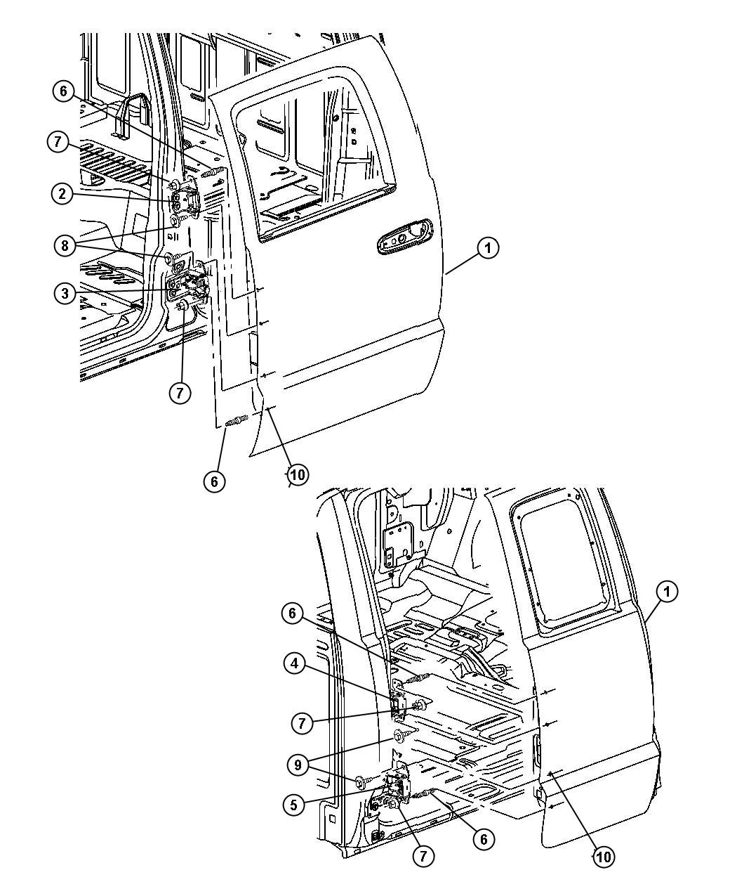 Door, Rear Shell and Hinges. Diagram