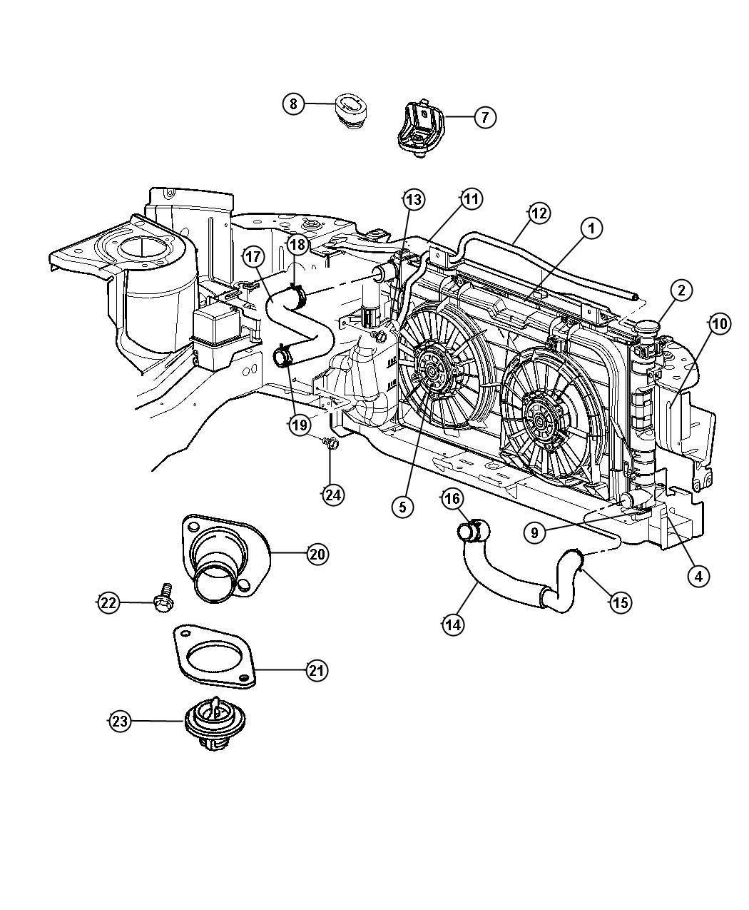 Radiator and Related Parts [[3.3L V6 OHV Engine,3.8L V6 OHV Engine,3.3L V6 OHV FFV ENGINE]]. Diagram