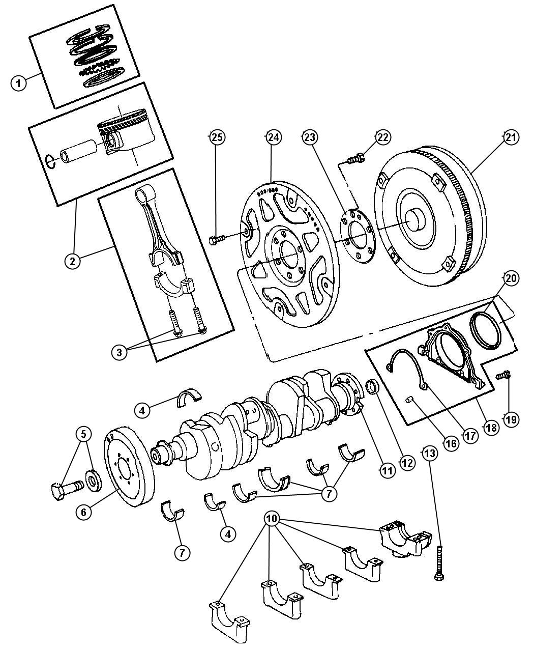 Diagram Crankshaft, Pistons and Torque Converter 6.1L [6.1L V8 SRT HEMI ENGINE]. for your Jeep