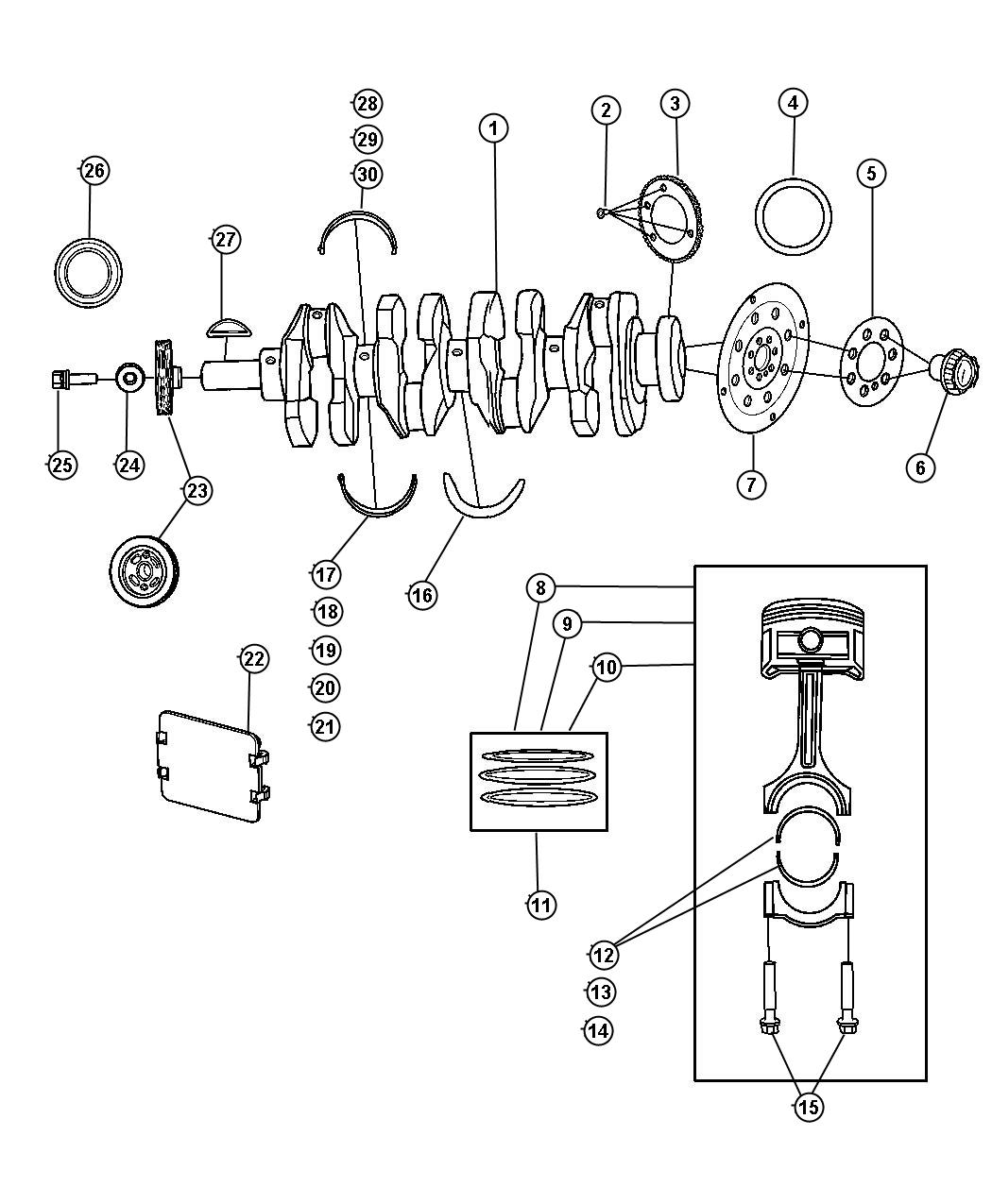 Diagram Crankshaft Pistons And Driveplate 2.4L [2.4L 4 Cyl DOHC 16V Dual VVT Engine]. for your 1999 Chrysler 300  M 