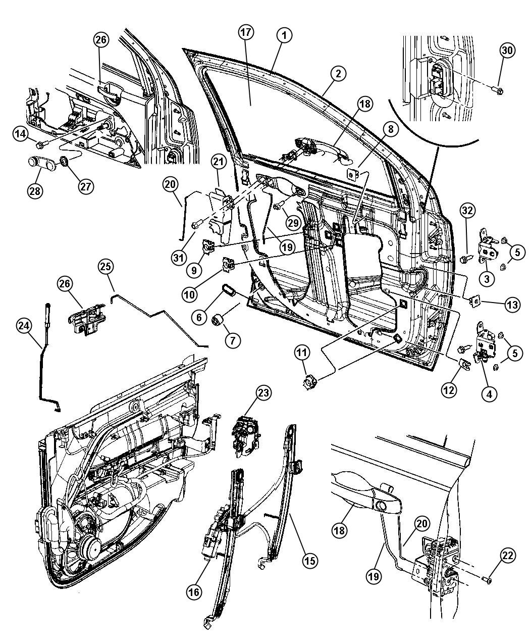 Diagram Front Door, Hinges, Handles, Regulators and Glass - Compass. for your 2018 Jeep Wrangler   