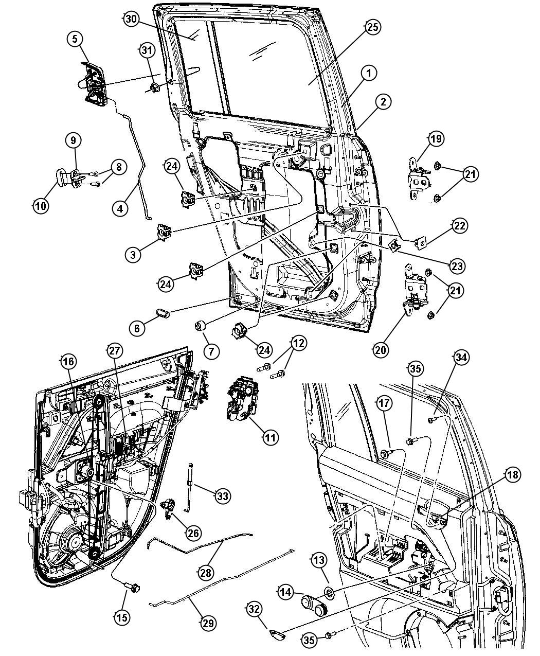 Rear Door, Hinges, Handles, Regulators and Glass - Compass. Diagram