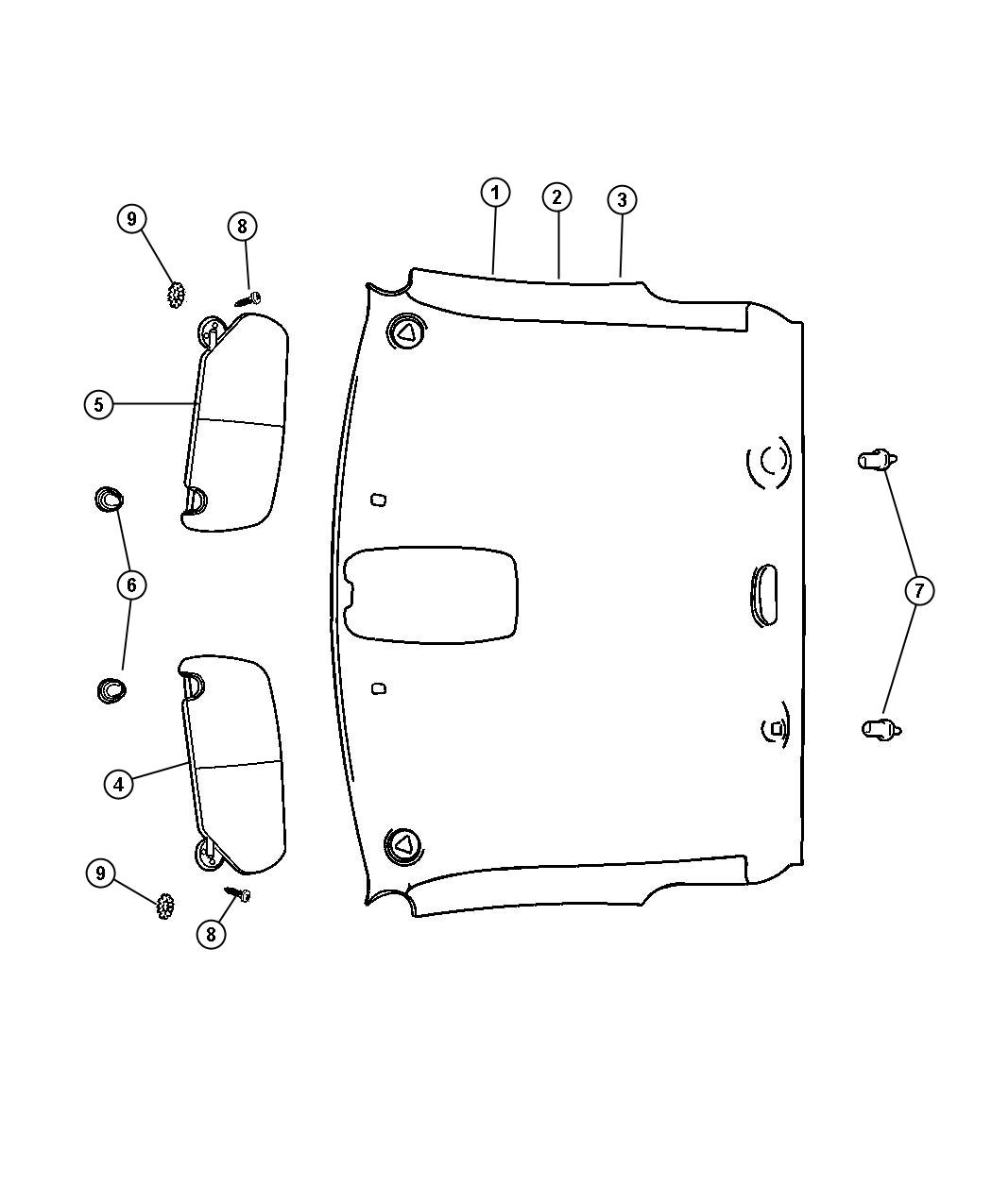 Headliner, Visors, Coat Hooks. Diagram