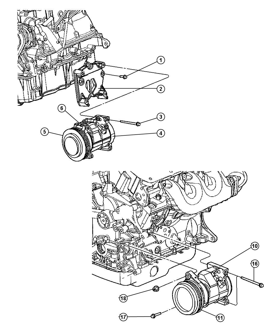 Diagram Compressor and Mounting Brackets, All Engines. for your 2007 Dodge Grand Caravan LWB 2.4L I4 