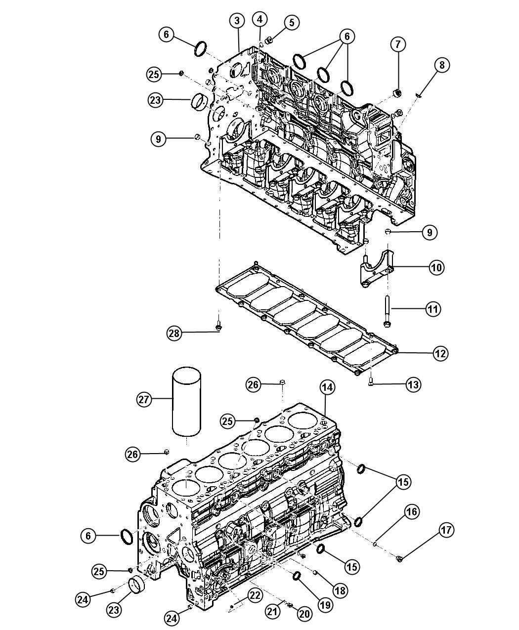 Diagram Cylinder Block And Hardware 5.9L Diesel [5.9L I6 HO CUMMINS TD ENGINE]. for your Dodge